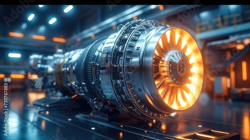 Futuristic industrial gas turbine engine. Engineering equipment. Turbine. Heavy industry concept. Generative AI. photo