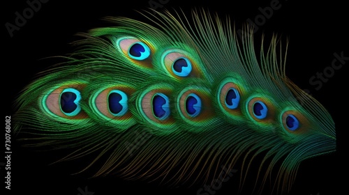 Close up view of a vibrant peacock feather against a black background. Perfect for adding a touch of elegance and beauty to any design or project