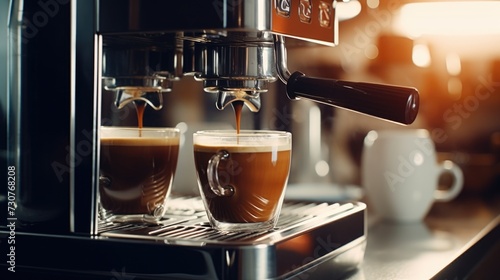 Two cups of coffee being poured into a coffee machine. Suitable for coffee-related themes and kitchen appliances