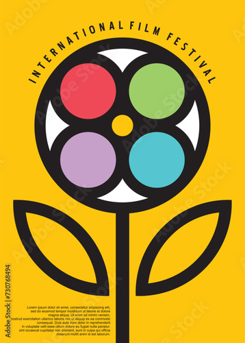 Film festival minimalist poster design with colorful flower and film reel shape. Creative idea for movie flyer. Cinema vector illustration.