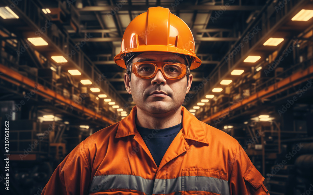 Worker wearing hardhat and safety glasses in industry. Ensuring safety and success in engineering and manufacturing, a portrait of professionalism and Commitment to Protection in the Workplace Worker wearing hardhat and safety glasses in industry. Ensuring safety and success in engineering and manufacturing, a portrait of professionalism and Commitment to Protection in the Workplace
