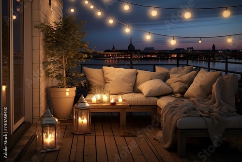 String lights and flickering candles on the balcony create a cozy ambiance, inviting one to unwind under the starlit sky.