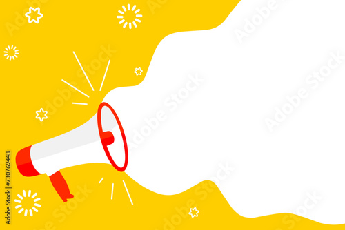 Megaphone vector illustration on yellow background. The concept of shouting with a loudspeaker conveys something important. Advertising banner templates, job vacancies, sales and announcements.