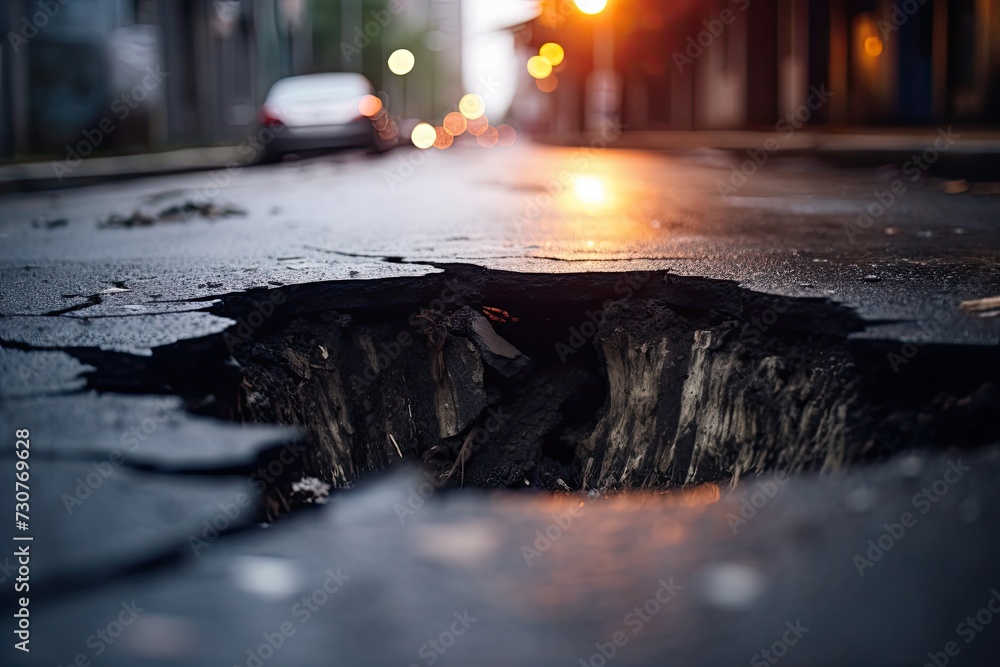 An asphalt road displays a long crack, revealing ground damage caused by natural disasters, depicting the aftermath of upheaval in the city. - obrazy, fototapety, plakaty 
