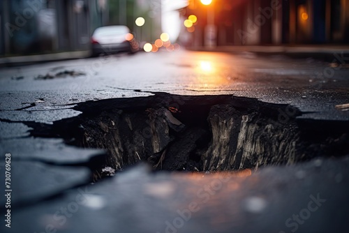 An asphalt road displays a long crack, revealing ground damage caused by natural disasters, depicting the aftermath of upheaval in the city. photo