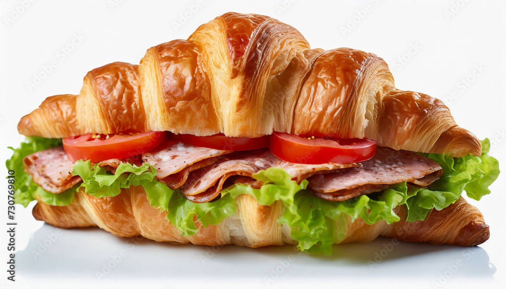 Croissant sandwich with meat, tomatoes and lettuce on white background. Delicious bakery fast food for lunch Croissant sandwich with meat, tomatoes and lettuce on white background. Delicious bakery fast food for lunch