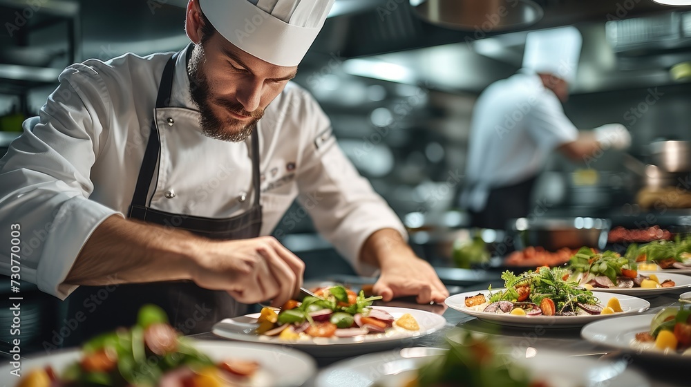 A chef at a restaurant is creating gourmet sets in the kitchen, ready to provide customers with a sumptuous dining experience. Generative AI. A chef at a restaurant is creating gourmet sets in the kitchen, ready to provide customers with a sumptuous dining experience. Generative AI.