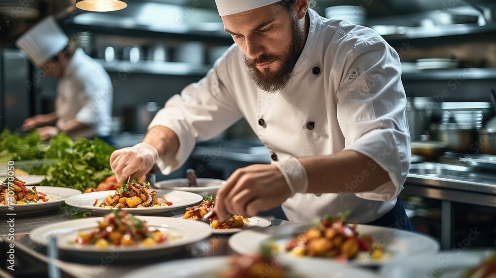 A chef at a restaurant is creating gourmet sets in the kitchen, ready to provide customers with a sumptuous dining experience. Generative AI. A chef at a restaurant is creating gourmet sets in the kitchen, ready to provide customers with a sumptuous dining experience. Generative AI.