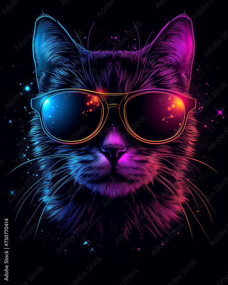 Portrait of a cat. Black background. Design for t-shirt