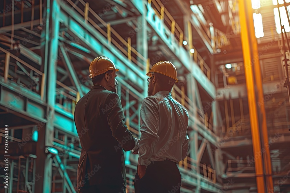 Engineers labor diligently amidst the construction site, orchestrating the intricate details of building and progress. Engineers labor diligently amidst the construction site, orchestrating the intricate details of building and progress.