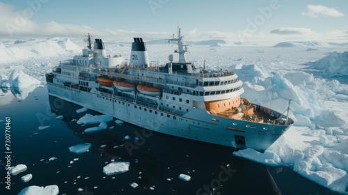 White cruise ship in antarctica surrounded by majestic ice floes, antarctic voyage