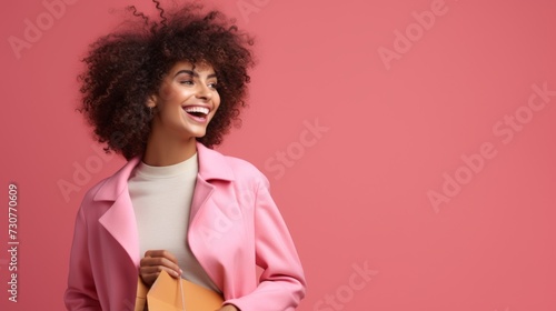 Portrait of a beautiful cheerful happy woman with an Afro hairstyle, wearing a fashionable outfit, looks away on a pink background with a copy of spies. Positive emotions, travel, Shopping concepts.