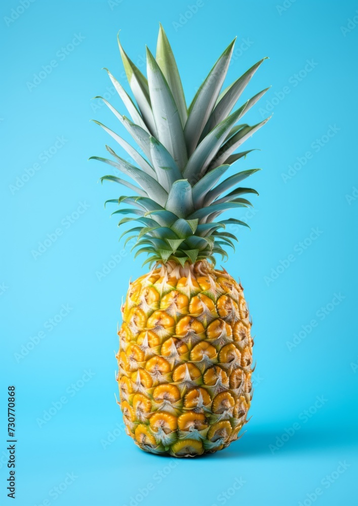 Fresh pineapple on a blue background. Generative AI.
