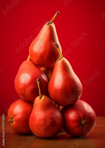 Fresh pears on a red background. Generative AI.