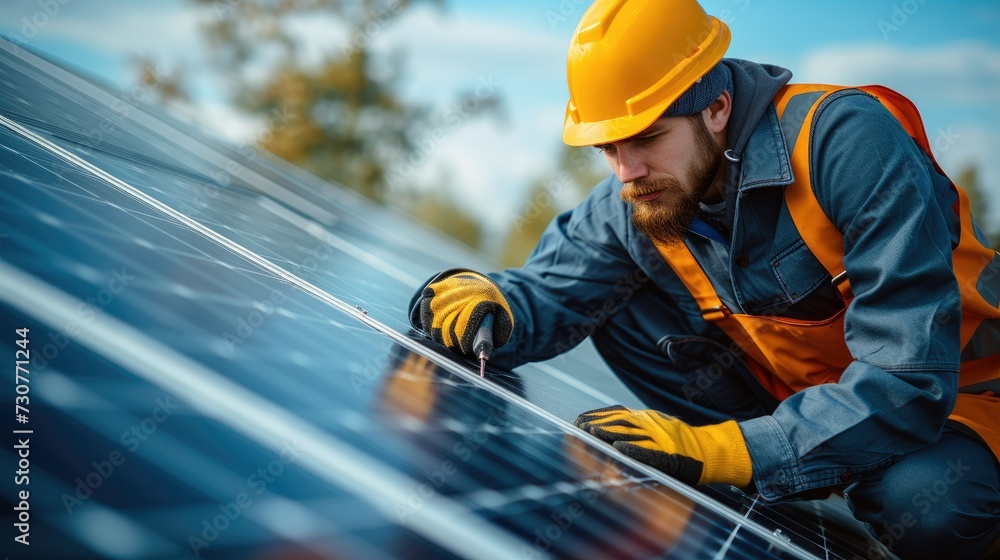 Industrial worker solar system installation, Technician Repairing Solar Panel for Clean Energy Generation, alternative renewable green energy generation concept. Generative AI. Industrial worker solar system installation, Technician Repairing Solar Panel for Clean Energy Generation, alternative renewable green energy generation concept. Generative AI.