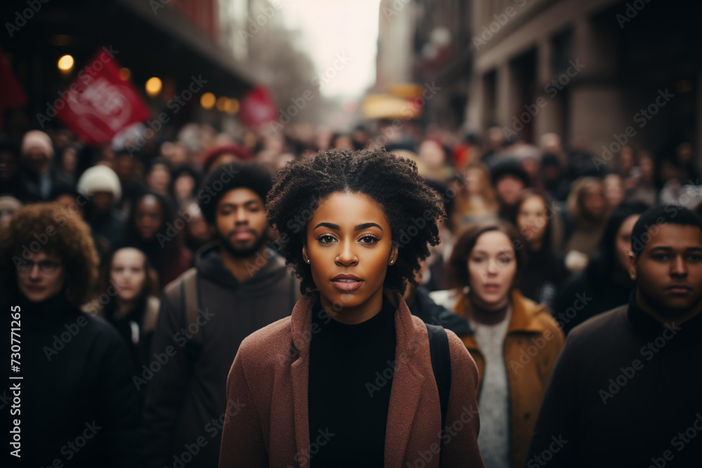 Black woman marching in protest with a group of people