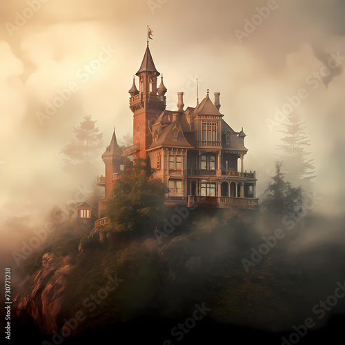 Haunted mansion on a foggy hill