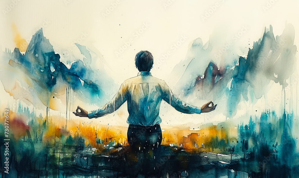 Artistic watercolor painting of a contemplative man meditating with outstretched arms, merging with a serene mountainous landscape, symbolizing peace, balance, and oneness with nature - obrazy, fototapety, plakaty 