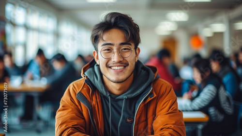 Cheerful young Asian male student smiling at the camera with a classroom full of fellow students studying in the background, embodying academic success and happiness photo