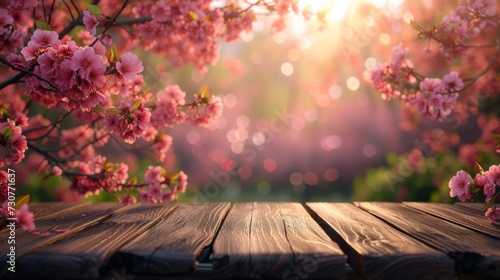 Empty wooden table in Sakura Flower Park with a sunny  blur garden background with a country outdoor theme. Template mockup for the display of the product.