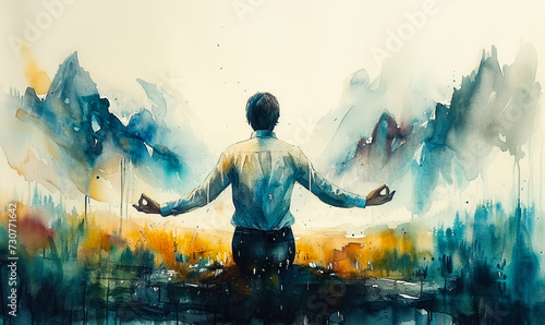 Artistic watercolor painting of a contemplative man meditating with outstretched arms, merging with a serene mountainous landscape, symbolizing peace, balance, and oneness with nature photo