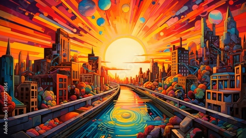 A neon-bright, cubist cityscape under an evergreen sunset. The buildings are sculpted from polished, crystalline solar panels that refract prismatic light.