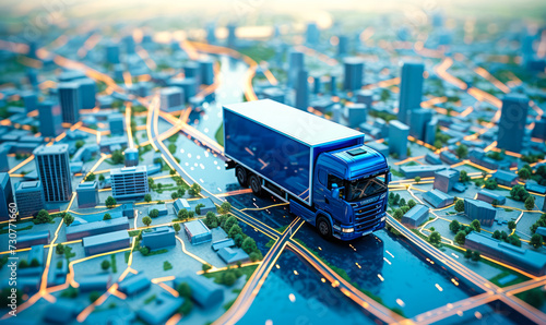 Conceptual representation of logistics and delivery services with a blue delivery truck on a stylized city map highlighting route optimization and urban distribution photo