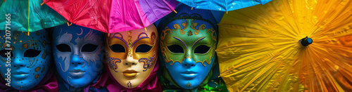 Colorful Masks and Umbrellas Compose a Living Artwork
