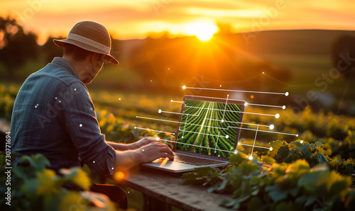Modern agriculture technology with a person using a laptop to analyze data on sustainable farming practices at sunset in a vineyard photo