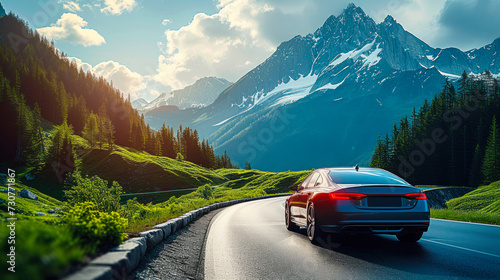Luxury sedan driving on a scenic mountain road with panoramic views of alpine peaks and lush green forests in a tranquil summer travel adventure