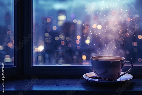 Steaming cup of coffee perched on window ledge of high rise condo with captivating view of cityscape during rainy day scene beautifully blends warmth of hot beverage with cool