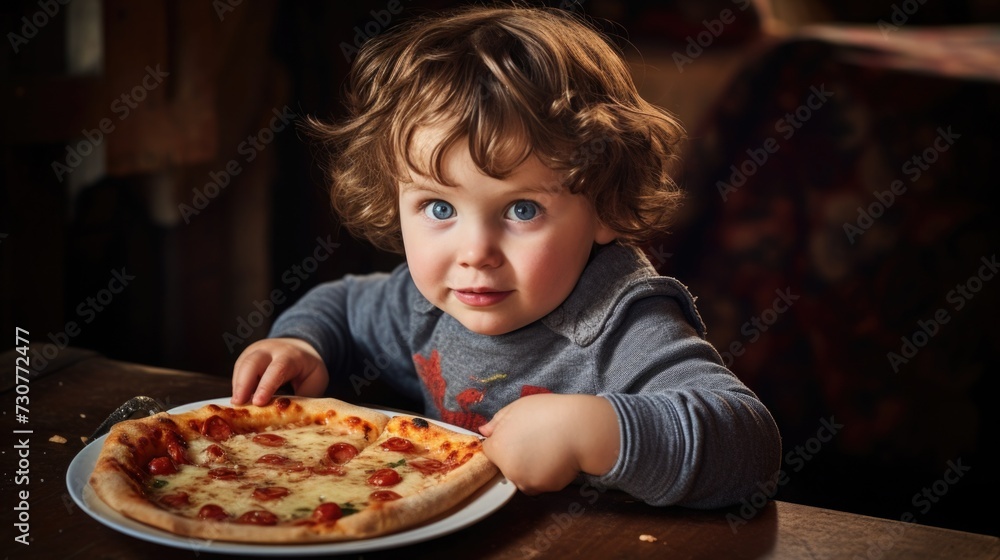 small child eats pizza. happy kid and fast food. delicious Italian pastries. pizza day. baby smiles small child eats pizza. happy kid and fast food. delicious Italian pastries. pizza day. baby smiles