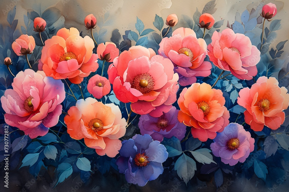 Blooming Beauties: A Vibrant Painting of Peonies in Purple, Pink, and Blue Generative AI