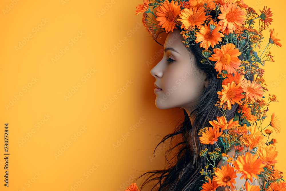 woman portrait with colorful flowers over her head