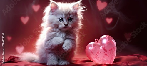 Cute kitten with red heart on pink background with empty space for text insertion. © Murda