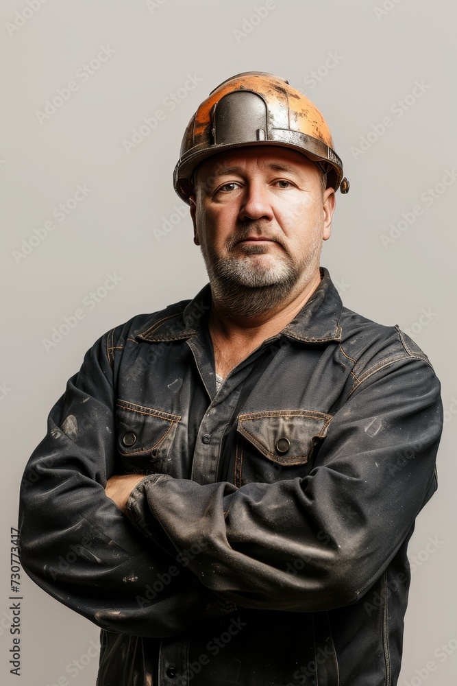Elderly construction worker in yellow helmet, arms crossed, with a seasoned and knowledgeable expression. Elderly construction worker in yellow helmet, arms crossed, with a seasoned and knowledgeable expression.