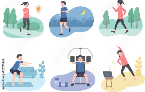有酸素運動や筋トレをする男女のイラストセット