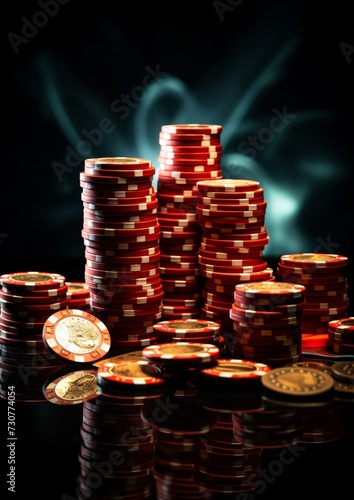 Photography Player chips for the casino on a dark background. Generative AI.