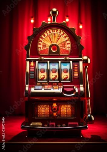 Slot machine on a red background. Gambling. Generative AI.