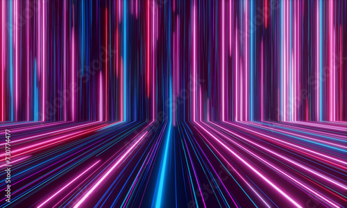 neon rays and glowing lines. abstract futuristic neon background, speed of light, 3d illustration.