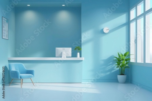A clean and calm interior of a light blue medical center, embodying simplicity and serenity.. © Anna