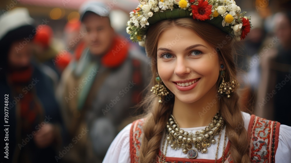 Beautiful woman with a model-like appearance participating in traditional Swedish celebrations.