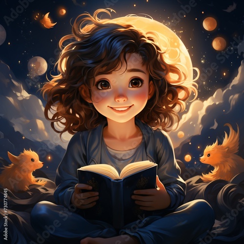 A Little Girl Reading a Book Under the Moonlight Generative AI