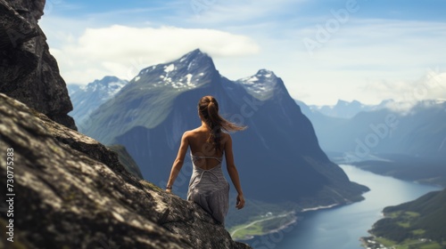 Beautiful woman with a model-like appearance climbing mountain peaks in Norway.