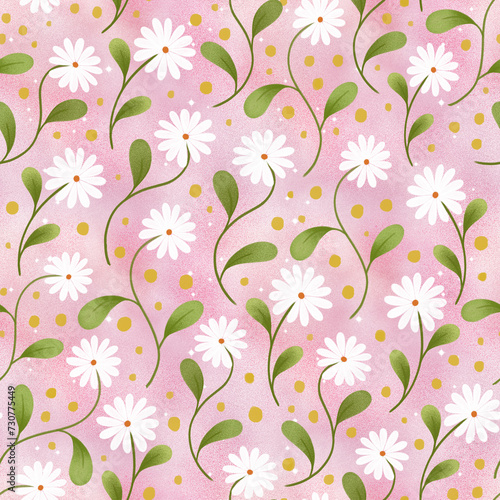 Spring white flowers | Pink seamless repeat pattern design (ID: 730775449)