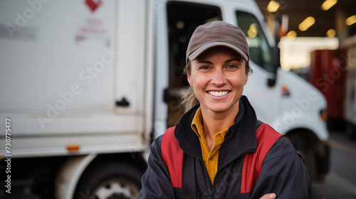 Female Delivery Truck Driver stands in front of the heavy truck