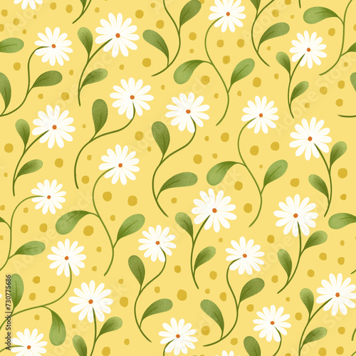 Spring white flowers | Yellow seamless repeat pattern design (ID: 730775686)