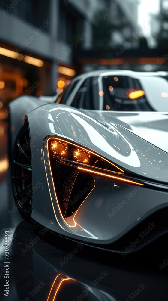 Close up photo of a corner front-end of a futuristic sports car. Generative AI. Close up photo of a corner front-end of a futuristic sports car. Generative AI.