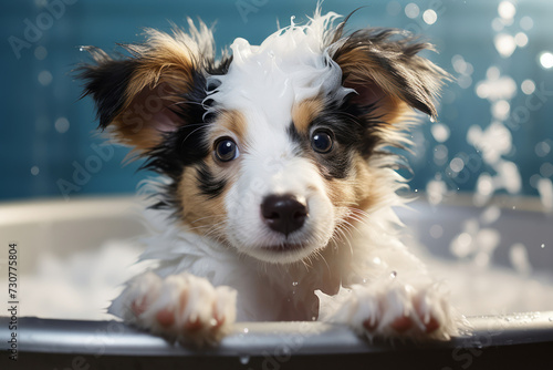 Cute fluffy puppy in a bubble bath in blue bathroom, for dog grooming salons and pet washing concept