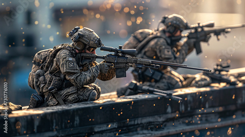 .A detailed photograph of a sniper team positioned on a rooftop photo